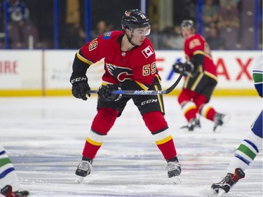 Calgary Flames Dillion Dube skates against the Vancouver Canucks.