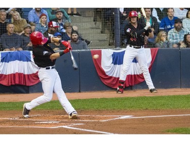 A hit by #29 shortstop, Logan Warmoth, during game 4 against the Eugene Emeralds in the Northwest League championship series.