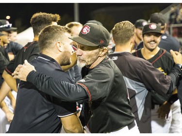 The Vancouver Canadians celebrate their win against the Eugene Emeralds.
