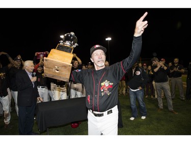 The Vancouver Canadians celebrate their championship win against Eugene Emeralds.