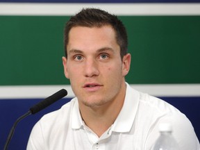 Bo Horvat of the Vancouver Canucks talks to media at Rogers Arena in Vancouver, BC., September 12, 2017.