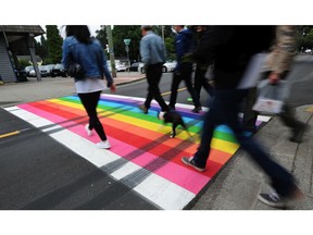 Defaced rainbow crosswalk on Glover Road at Mary Ave. in Fort Langley, BC., September 17, 2017.