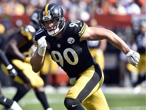 Rookie linebacker T.J. Watt of the Pittsburgh Steelers rushes the quarterback during his first regular season NFL game against the host Cleveland Browns on Sept. 10, 2017.