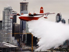 A Martin Mars water bomber demonstrates its capabilities in Vancouver.