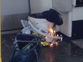 In this image made from video, fire raises at a southwest London subway station in London Friday, Sept. 15, 2017