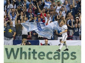 Jordan Harvey of the Western Conference-leading Vancouver Whitecaps celebrates his goal against New York City FC on July 5 at B.C. Place Stadium.
