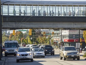 The walkway over-pass at Commercial and East Broadway in Vancouver in 2016. A new section has been added which help customers move between the two sections of the station.