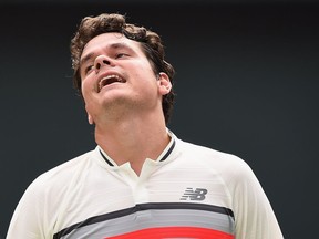 Milos Raonic of Canada reacts in his match against Viktor Troicki of Serbia during day two of the Rakuten Open at Ariake Coliseum on October 3, 2017 in Tokyo, Japan.