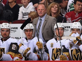 Vegas Golden Knights head coach Gerald Gallant watches from the bench against the Arizona Coyotes on Oct. 7.