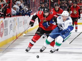 Vancouver Canucks v Ottawa Senators

OTTAWA, ON - OCTOBER 17: Tom Pyatt #10 of the Ottawa Senators battles for the puck against Troy Stecher #51 ofthe Vancouver Canucks in the second period at Canadian Tire Centre on October 17, 2017 in Ottawa, Ontario, Canada.  (Photo by Jana Chytilova/Freestyle Photography/Getty Images) ORG XMIT: 775040646
Jana Chytilova/Freestyle Photo, Getty Images