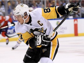 Sidney Crosby of the Pittsburgh Penguins shoots during a game against the Florida Panthers at BB&T Center on October 20, 2017 in Sunrise, Florida.