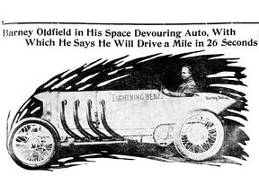 Photo of early auto racer Barney Oldfiield in his Lighning Benz race car, March 14, 1910. This appeared in the Walla Walla Evening Statesman.