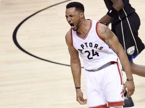 Toronto Raptors guard Norman Powell (24) reacts after dunking against the Milwaukee Bucks during the second half of game five of an NBA first-round playoff series basketball game in Toronto on Monday, April 24, 2017. Powell will play for the Raptors for the forseeable future.Toronto signed the 24-year-old athletic combo guard to a four-year contract extension on Thursday, a team official confirmed. THE CANADIAN PRESS/Nathan Denette ORG XMIT: CPT121

April 24, 2017 file photo
Nathan Denette,