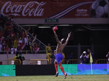 Costa Rica's Kendall Waston celebrates after scoring his team's equalizer against Honduras during a World Cup qualifying soccer match at the National Stadium in San Jose.