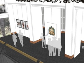 Artist illustration of renovated mezzanine of the Audain Great Hall at Bill Reid Gallery.