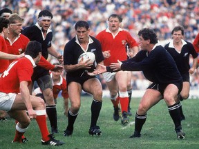 Wayne "Buck" Shelford of New Zealand prepares to take the ball into contact during the 1987 Rugby World Cup Semi-Final match between New Zealand and Wales at Ballymore Stadium on June 14, 1987 in Brisbane, Australia.