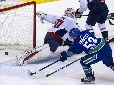 Vancouver Canucks' Bo Horvat scores on Washington Capitals goalie Braden Holtby during the first period of an NHL hockey game in Vancouver, B.C., on Thursday October 26, 2017.