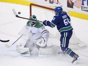 Bo Horvat, right, swings at the puck in front of Dallas Stars goalie Ben Bishop after putting a shot off the post.