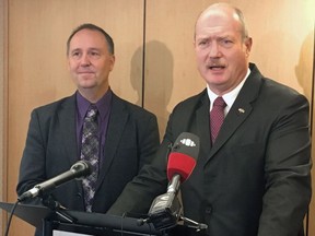 Mike Bernier, left, has announced that he's dropping out of the B.C. Liberal leadership race to back Mike de Jong.