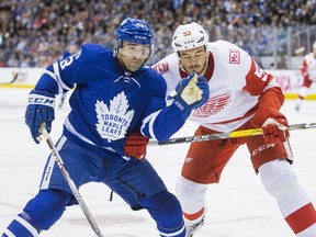 The Maple Leafs' Nazem Kadri works against the Red Wings defenceman Jonathan Ericsson during Wednesday's victory at the Air Canada Centre.