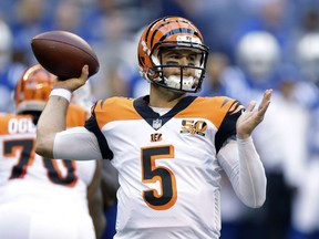 FILE - In this Thursday, Aug. 31, 2017 file photo, Cincinnati Bengals quarterback A.J. McCarron throws during the first half of an NFL preseason football game against the Indianapolis Colts in Indianapolis. A proposed trade between the Browns and Bengals involving quarterback A.J. McCarron fell through when paperwork was not filed to the NFL before the 4 p.m. deadline, Tuesday, Oct. 31, 2017. (AP Photo/Michael Conroy, File)