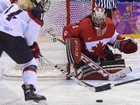 US Brianna Decker (L) vies with Canada's goalkeeper Shannon Szabados during the Women's Ice Hockey Gold Medal Game between Canada and USA at the Bolshoy Ice Dome during the Sochi Winter Olympics on February 20, 2014.