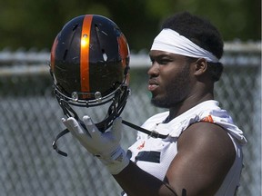 Junior Luke, sans helmet, at the B.C. Lions' practice facility in Surrey on July 26.