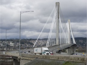 Traffic travels eastbound into Surrey on the Port Mann Bridge in March 2016.