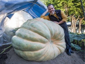 Jeff Pelletier with his pumpkin he figures weighs over 1200 lbs at his home in North Vancouver, B.C., October 3, 2017.