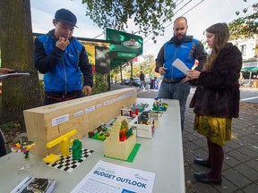 City of Vancouver budget team members Lihwen Hsu, left, and Nicholas Baran, centre, asked Vancouver residents to vote on what they think are the top three issues facing the city.