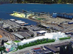 This rendering shows the new wastewater treatment plant (shown in white) on the industrial shore area of North Vancouver. It that will replace the current sewage plant that is under the Lions Gate Bridge.