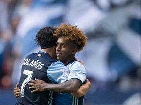 Yordy Reyna and Christian Bolanos during a 2017 Whitecaps game.