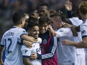 Cristian Techera, front left, and Nicolas Mezquida celebrate a Techara goal.