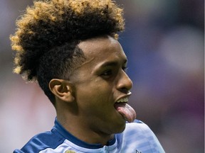 Vancouver Whitecaps' Yordy Reyna celebrates his goal against the Colorado Rapids during the second half of an MLS soccer game at B.C. Place in September.