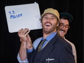 Comedian T. J. Miller poses for photographs during the red carpet arrival for the Just For Laughs Awards in Montreal on Friday, July 24, 2015.