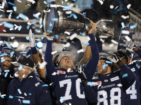 Toronto Argonauts kicker Lirim Hajrullahu lifts the Grey Cup in Ottawa on Nov. 26.