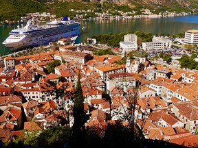 A view of the rooftops and harbour of Kotor from the town walls.