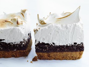 Billowy meringue tops a brownie-like filling that’s nestled in a graham-cracker crust in S’Mores Bars, a fun variation on a campfire classic.