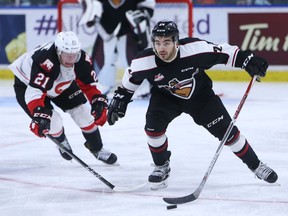 Vancouver Giants defenceman Matt Barberis carries the puck up ice while being pursued by Prince George Cougar Jared Bethune during their Oct. 27 Western Hockey League game at the Langley Events Centre.