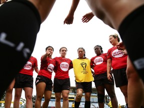 Canada form a huddle after the 2017 Women's Rugby League World Cup match between New Zealand and Canada at Southern Cross Group Stadium on November 16, 2017 in Sydney, Australia.