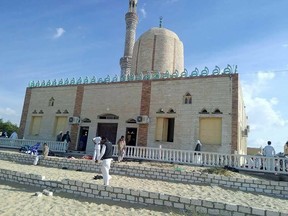 View of the Rawda mosque, roughly 40 kilometres west of the North Sinai capital of El-Arish, after a gun and bombing attack, on November 24, 2017. A bomb explosion ripped through the mosque before gunmen opened fire on the worshippers gathered for weekly Friday prayers, officials said.