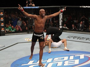 Anderson Silva celebrates his victory over Vitor Belfort at UFC 126 at the Mandalay Bay Events Center in Las Vegas on Feb. 5, 2011. (Jed Jacobsohn/Zuffa LLC via Getty Images/Files)