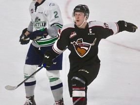 Tyler Benson celebrates scoring the winning goal for the Vancouver Giants in overtime.