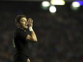 New Zealand All Blacks flyhalf Beauden Barrett yells out instructions to his outside backs during the All Blacks’ test against Scotland at Murrayfield, in Edinburgh, Scotland, on Nov. 18, 2017.