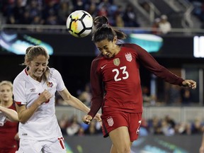 United States forward Christen Press (23) heads the ball as Canada forward Janine Beckie, left, looks on during the first half of an international friendly women's soccer match, Sunday, Nov. 12, 2017, in San Jose, Calif.