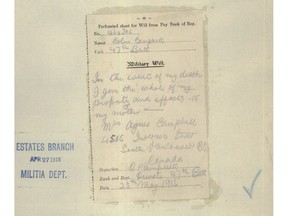 Vancouver soldier Colin Campbell's hand-written will leaving his effects to his mother during the First World War.