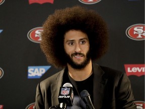FILE - In this Dec. 24, 2016, file photo San Francisco 49ers quarterback Colin Kaepernick talks during a news conference after an NFL football game against the Los Angeles Rams. The free agent quarterback was named GQ magazine's "Citizen of the Year" for his activism on Nov. 13, 2017. (AP Photo/Rick Scuteri, File) ORG XMIT: PAPM103

DEC. 24, 2016 FILE PHOTO
Rick Scuteri, AP