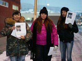 Jody Leon, Meagan Louis and Sherriann Abraham stand outside the Upper Room Mission in Vernon, where on Friday they launched a flyer campaign in hopes of canvassing tips from street people, sex workers and people who use drugs about the disappearance and death of 18-year-old Traci Genereaux, whose remains were discovered on a Salmon Arm-area farm last month.