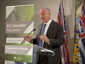 B.C. Solicitor-General and Public Safety minister Mike Farnworth speaks to media at the Union of B.C. Municipalities convention at the Vancouver Convention Centre on Monday, Sept. 25, 2017, about the province's plan to conduct consultation with several stakeholder groups in anticipation of the federal government's plan to legalize marijuana in July 2018.
