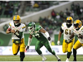 Edmonton Eskimos quarterback Mike Reilly runs the ball against the Saskatchewan Roughriders during first half CFL football action at Mosaic Stadium in Regina on Saturday, November 4, 2017. THE CANADIAN PRESS/Mark Taylor ORG XMIT: MXT102
Mark Taylor,